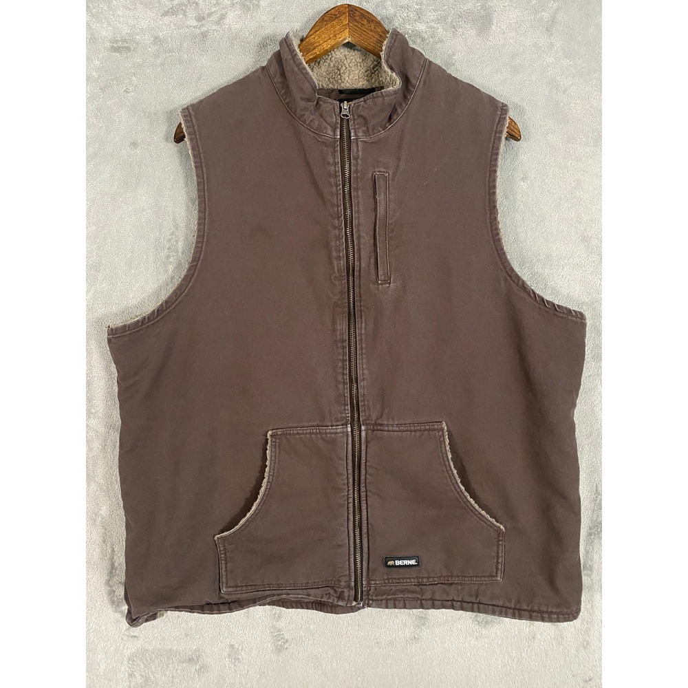 Berne Womens 2XL Brown Sherpa Lined Canvas Workwear Vest Full Zip Mock‎ Neck